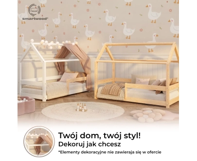 Łóżko domek dla dziecka z barierką i stelażem MILO Montessori Drewniane