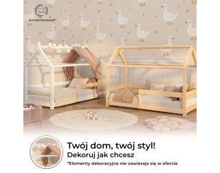 Łóżko domek dla dziecka z barierką i stelażem MILO Montessori Drewniane