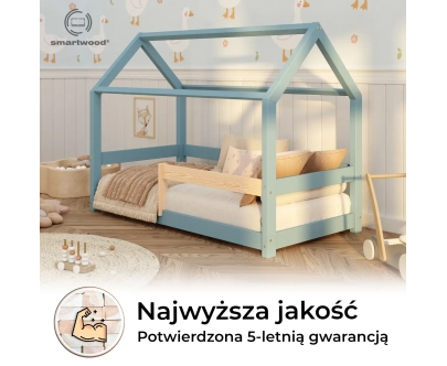 Łóżko domek dla dziecka z barierką i stelażem MILO Montessori Drewniane