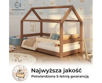 Łóżko domek dla dziecka z barierką i stelażem MILO Montessori Drewniane