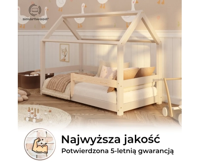 Łóżko domek dla dziecka z barierką i stelażem MILO Montessori Drewniane