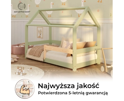 Łóżko domek dla dziecka z barierką i stelażem MILO Montessori Drewniane