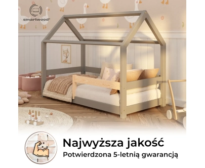 Łóżko domek dla dziecka z barierką i stelażem MILO Montessori Drewniane