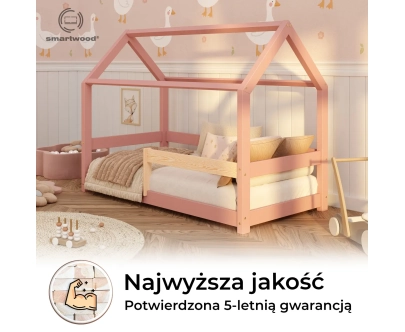Łóżko domek dla dziecka z barierką i stelażem MILO Montessori Drewniane