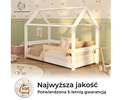 Łóżko domek dla dziecka z barierką i stelażem MILO Montessori Drewniane