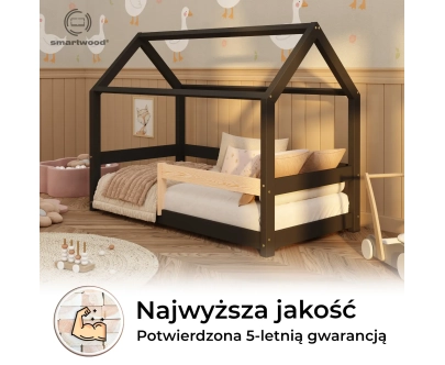 Łóżko domek dla dziecka z barierką i stelażem MILO Montessori Drewniane