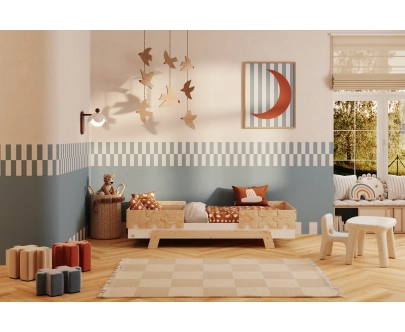Łóżko pojedyncze dla dzieci z barierkami i stelażem PUZZLE BR2 Montessori Drewniane