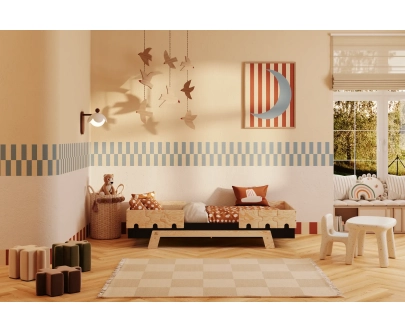 Łóżko pojedyncze dla dzieci z barierkami i stelażem PUZZLE BR2 Montessori Drewniane