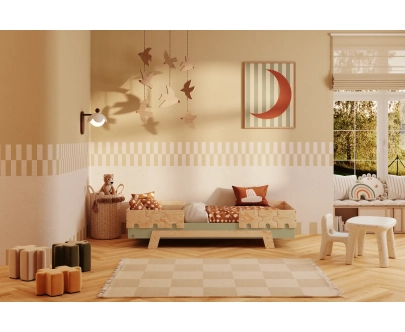 Łóżko pojedyncze dla dzieci z barierkami i stelażem PUZZLE BR2 Montessori Drewniane
