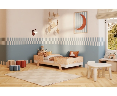 Łóżko pojedyncze dla dzieci z barierkami i stelażem PUZZLE BR2 Montessori Drewniane