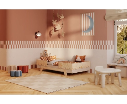 Łóżko pojedyncze dla dzieci z barierkami i stelażem PUZZLE BR2 Montessori Drewniane
