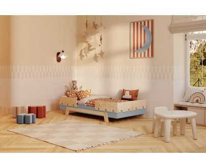 Łóżko pojedyncze dla dzieci z barierkami i stelażem PUZZLE BR2 Montessori Drewniane