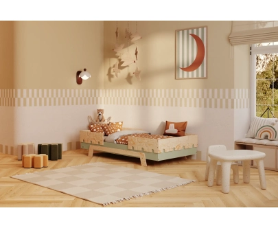 Łóżko pojedyncze dla dzieci z barierkami i stelażem PUZZLE BR2 Montessori Drewniane