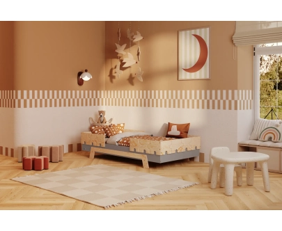 Łóżko pojedyncze dla dzieci z barierkami i stelażem PUZZLE BR2 Montessori Drewniane