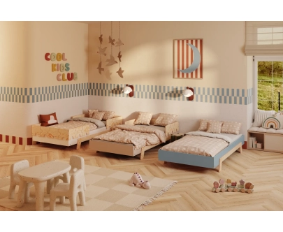 Łóżko pojedyncze dla dzieci z barierkami i stelażem PUZZLE BR2 Montessori Drewniane