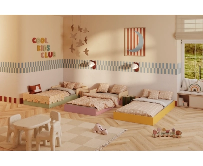 Łóżko pojedyncze dla dzieci z barierkami i stelażem PUZZLE BR2 Montessori Drewniane