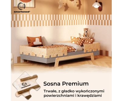 Łóżko pojedyncze dla dzieci z barierkami i stelażem PUZZLE BR2 Montessori Drewniane