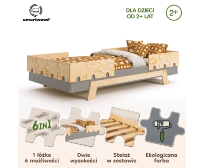 Łóżko pojedyncze dla dzieci z barierkami i stelażem PUZZLE BR2 Montessori Drewniane