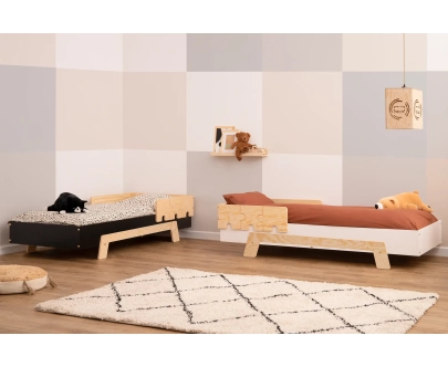 Łóżko pojedyncze dla dzieci z barierkami i stelażem PUZZLE BR2 Montessori Drewniane