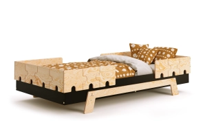 Łóżko pojedyncze dla dzieci z barierkami i stelażem PUZZLE BR2 Montessori Drewniane