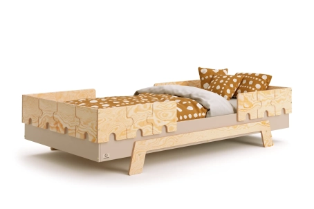 Łóżko pojedyncze dla dzieci z barierkami i stelażem PUZZLE BR2 Montessori Drewniane