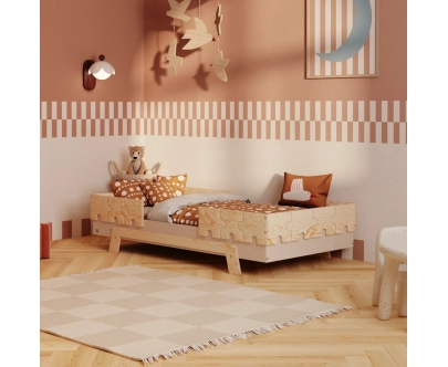 Łóżko pojedyncze dla dzieci z barierkami i stelażem PUZZLE BR2 Montessori Drewniane