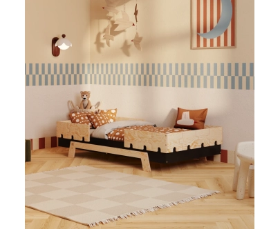 Łóżko pojedyncze dla dzieci z barierkami i stelażem PUZZLE BR2 Montessori Drewniane