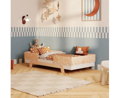 Łóżko pojedyncze dla dzieci z barierkami i stelażem PUZZLE BR2 Montessori Drewniane