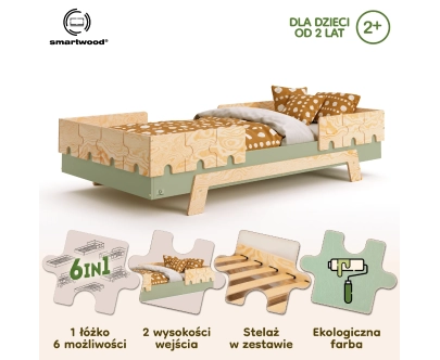 Łóżko pojedyncze dla dzieci z barierkami i stelażem PUZZLE BR2 Montessori Drewniane