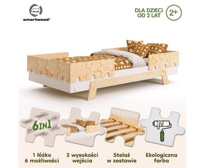 Łóżko pojedyncze dla dzieci z barierkami i stelażem PUZZLE BR2 Montessori Drewniane