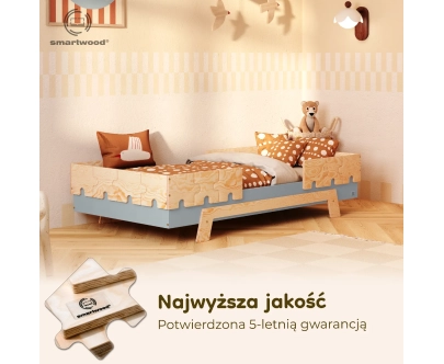Łóżko pojedyncze dla dzieci z barierkami i stelażem PUZZLE BR2 Montessori Drewniane