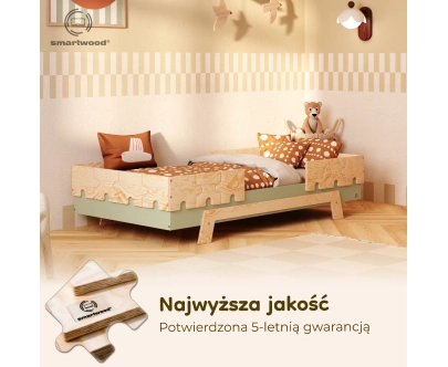 Łóżko pojedyncze dla dzieci z barierkami i stelażem PUZZLE BR2 Montessori Drewniane