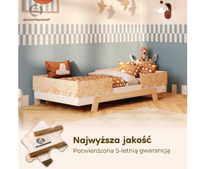 Łóżko pojedyncze dla dzieci z barierkami i stelażem PUZZLE BR2 Montessori Drewniane