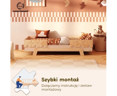 Łóżko pojedyncze dla dzieci z barierkami i stelażem PUZZLE BR2 Montessori Drewniane