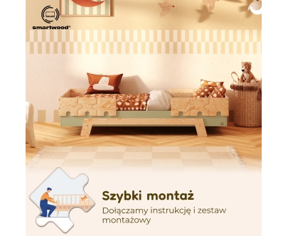 Łóżko pojedyncze dla dzieci z barierkami i stelażem PUZZLE BR2 Montessori Drewniane
