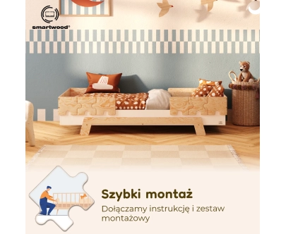 Łóżko pojedyncze dla dzieci z barierkami i stelażem PUZZLE BR2 Montessori Drewniane