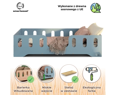 Łóżko pojedyncze dla dzieci z barierką i stelażem TILA 2 Montessori Drewniane