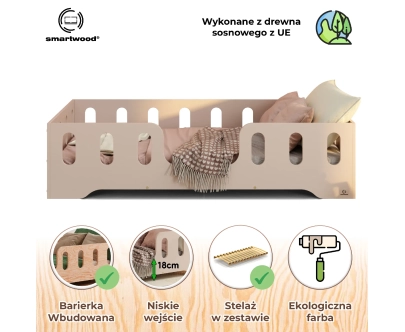 Łóżko pojedyncze dla dzieci z barierką i stelażem TILA 2 Montessori Drewniane