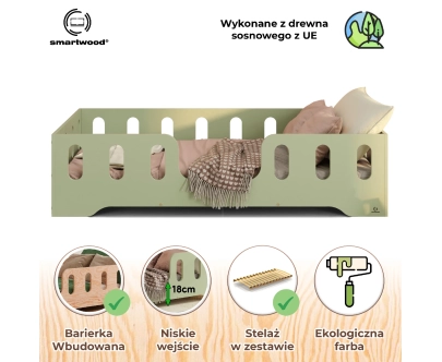Łóżko pojedyncze dla dzieci z barierką i stelażem TILA 2 Montessori Drewniane