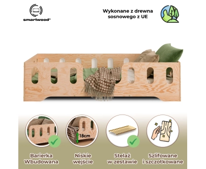 Łóżko pojedyncze dla dzieci z barierką i stelażem TILA 2 Montessori Drewniane