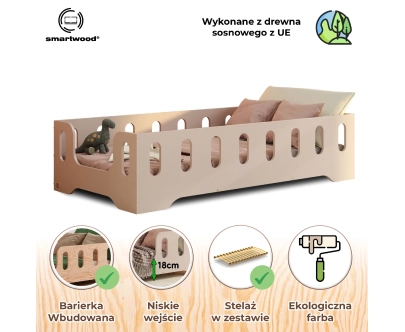 Łóżko pojedyncze dla dzieci z barierką i stelażem TILA 2 Montessori Drewniane