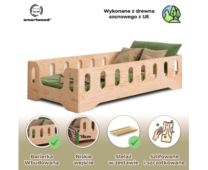 Łóżko pojedyncze dla dzieci z barierką i stelażem TILA 2 Montessori Drewniane