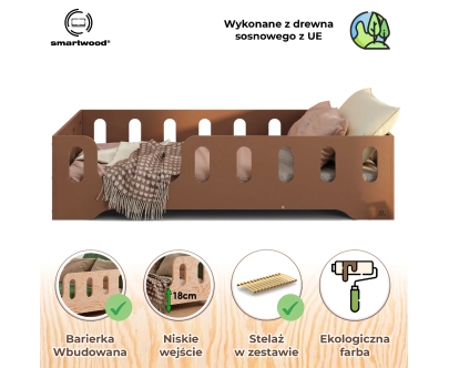 Łóżko pojedyncze dla dzieci z barierką i stelażem TILA 2 Montessori Drewniane