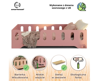 Łóżko pojedyncze dla dzieci z barierką i stelażem TILA 2 Montessori Drewniane