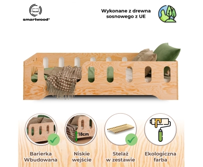 Łóżko pojedyncze dla dzieci z barierką i stelażem TILA 2 Montessori Drewniane