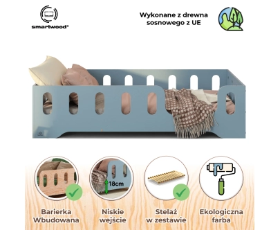 Łóżko pojedyncze dla dzieci z barierką i stelażem TILA 2 Montessori Drewniane