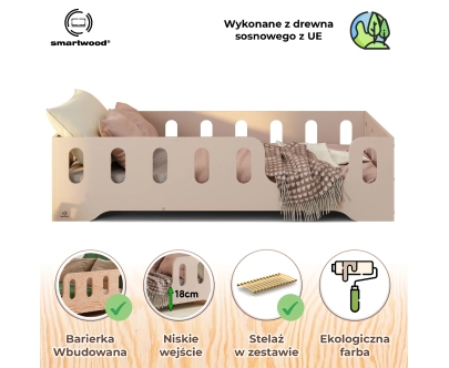 Łóżko pojedyncze dla dzieci z barierką i stelażem TILA 2 Montessori Drewniane