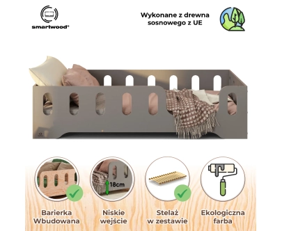 Łóżko pojedyncze dla dzieci z barierką i stelażem TILA 2 Montessori Drewniane