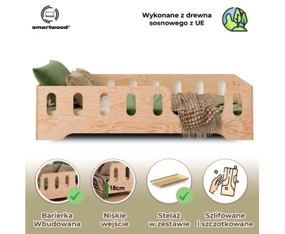 Łóżko pojedyncze dla dzieci z barierką i stelażem TILA 2 Montessori Drewniane