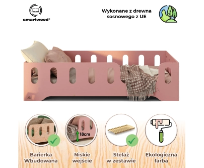 Łóżko pojedyncze dla dzieci z barierką i stelażem TILA 2 Montessori Drewniane